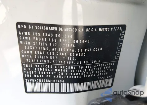 2024 Volkswagen Taos 1.5T S from USA, damaged, VIN 3VV5X7B29RM105494